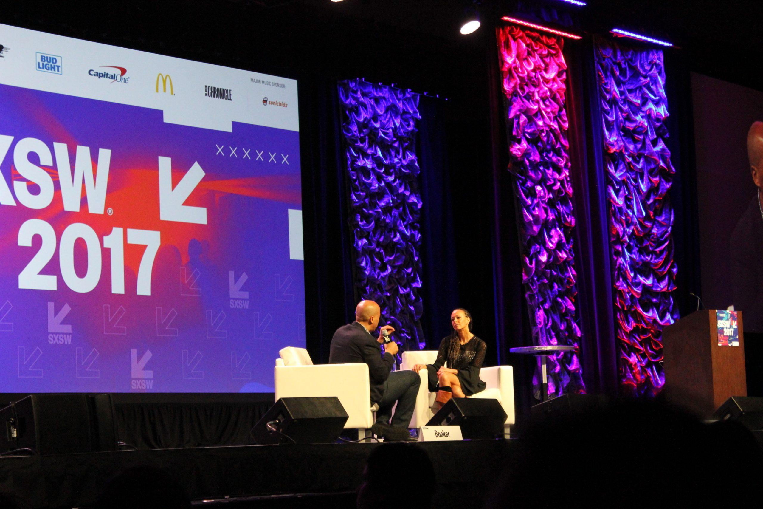 After opening comments, Booker fielded questions from Google's Senior Counsel on Civil and Human Rights, Malika Saada Saar.